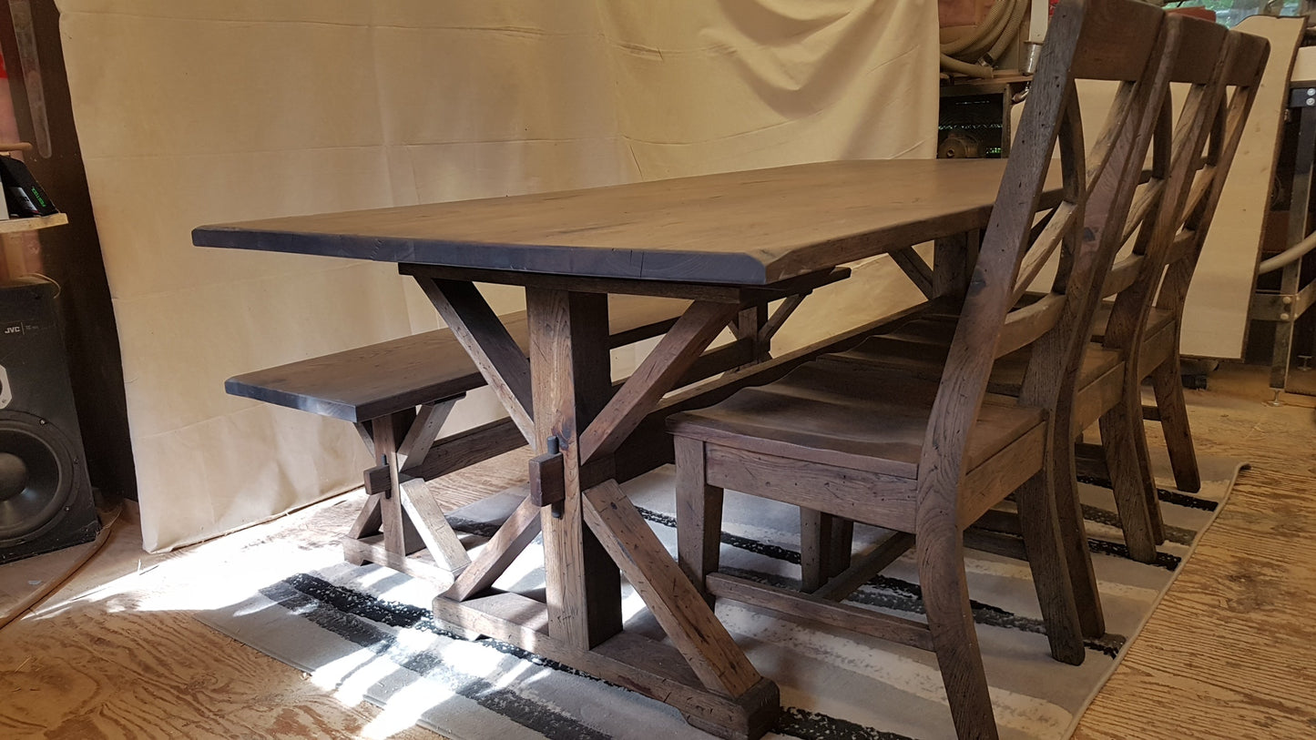 Farmhouse dining table, dining chairs.