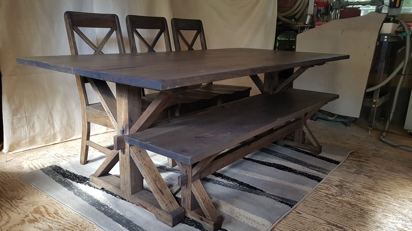 Farmhouse dining table, dining chairs.