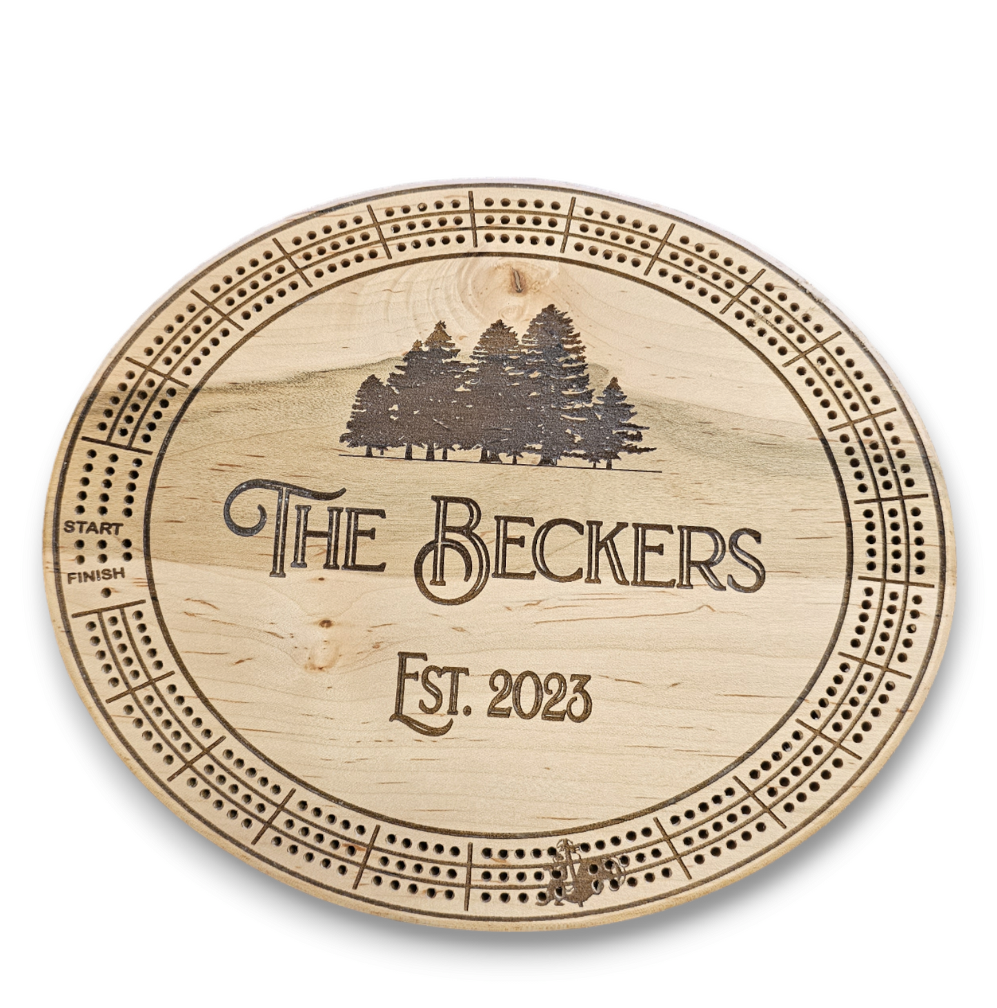 Personalized Round hardwood Cribbage Boards with in board peg storage. A practical gift for any occasion.