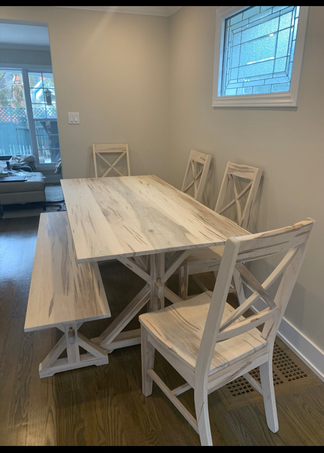 Farmhouse dining table, dining chairs.