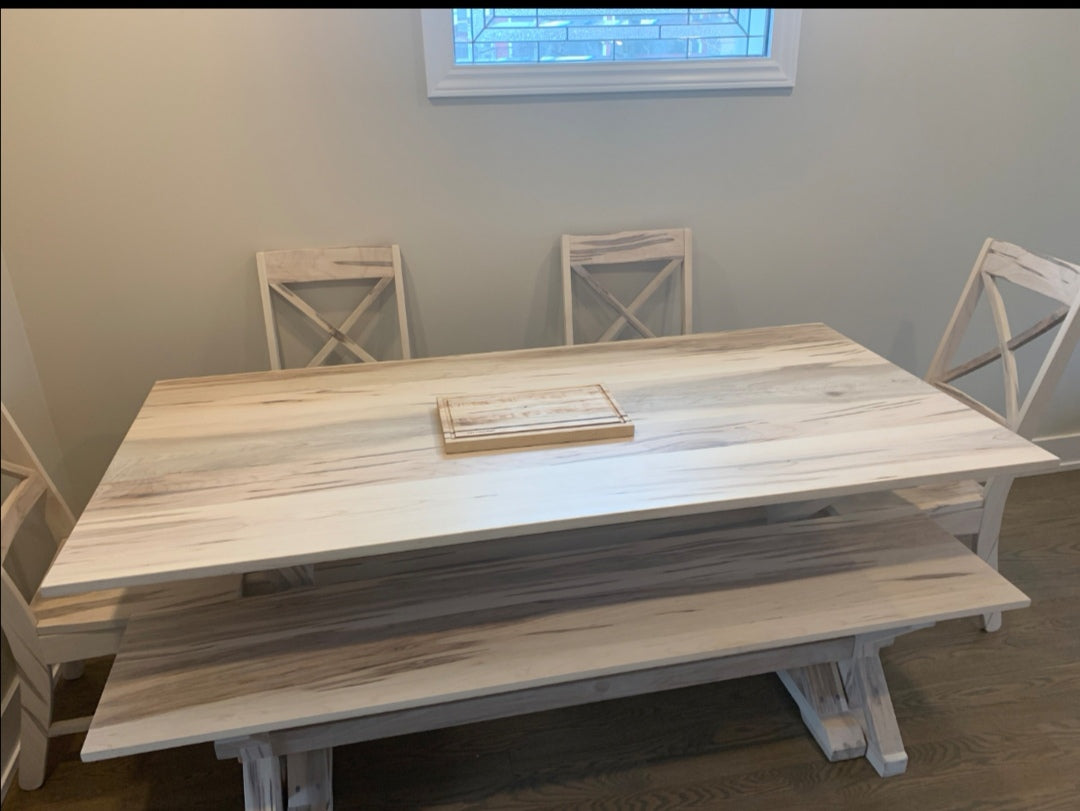 Farmhouse dining table, dining chairs.