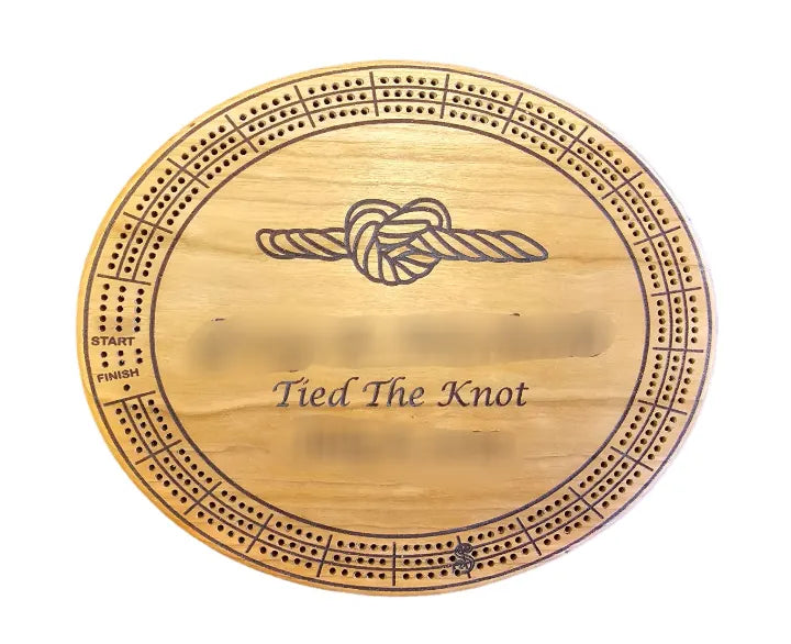 Personalized Round hardwood Cribbage Boards with in board peg storage. A practical gift for any occasion.