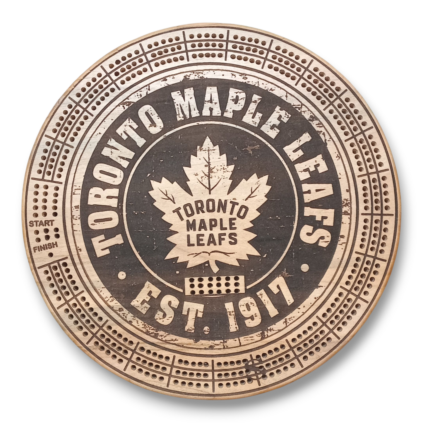 Sports Unique Round Hardwood Cribbage Boards with in board peg storage.