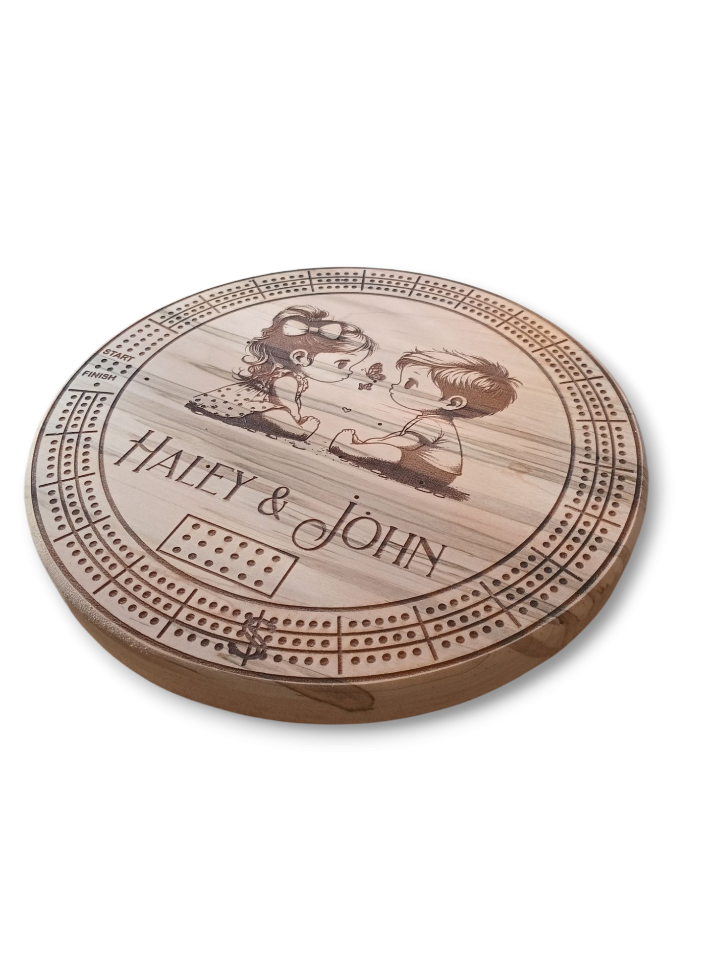 Personalized Round hardwood Cribbage Boards with in board peg storage. A practical gift for any occasion.