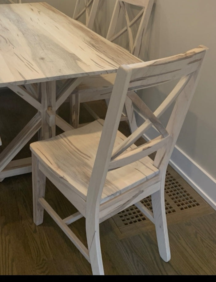 Farmhouse dining table, dining chairs.