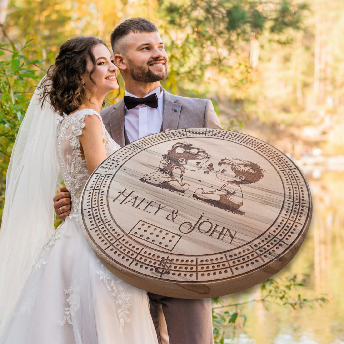 Personalized Round hardwood Cribbage Boards with in board peg storage. A practical gift for any occasion.