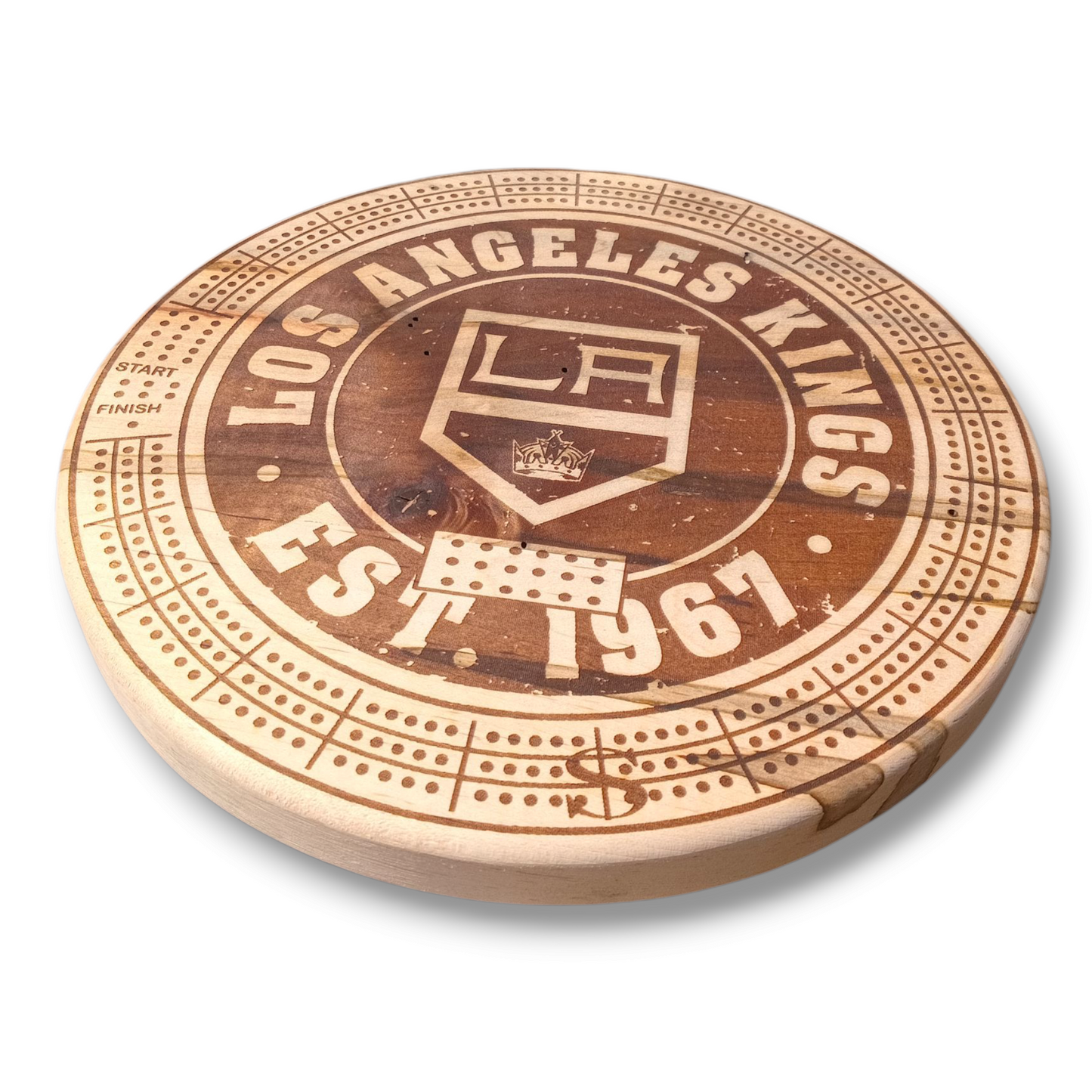 Personalized Round hardwood Cribbage Boards with in board peg storage. A practical gift for any occasion.