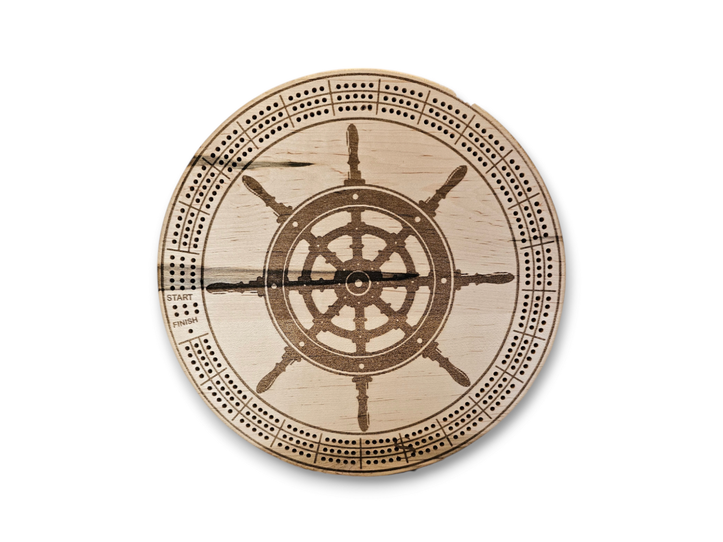 Personalized Round hardwood Cribbage Boards with in board peg storage. A practical gift for any occasion.