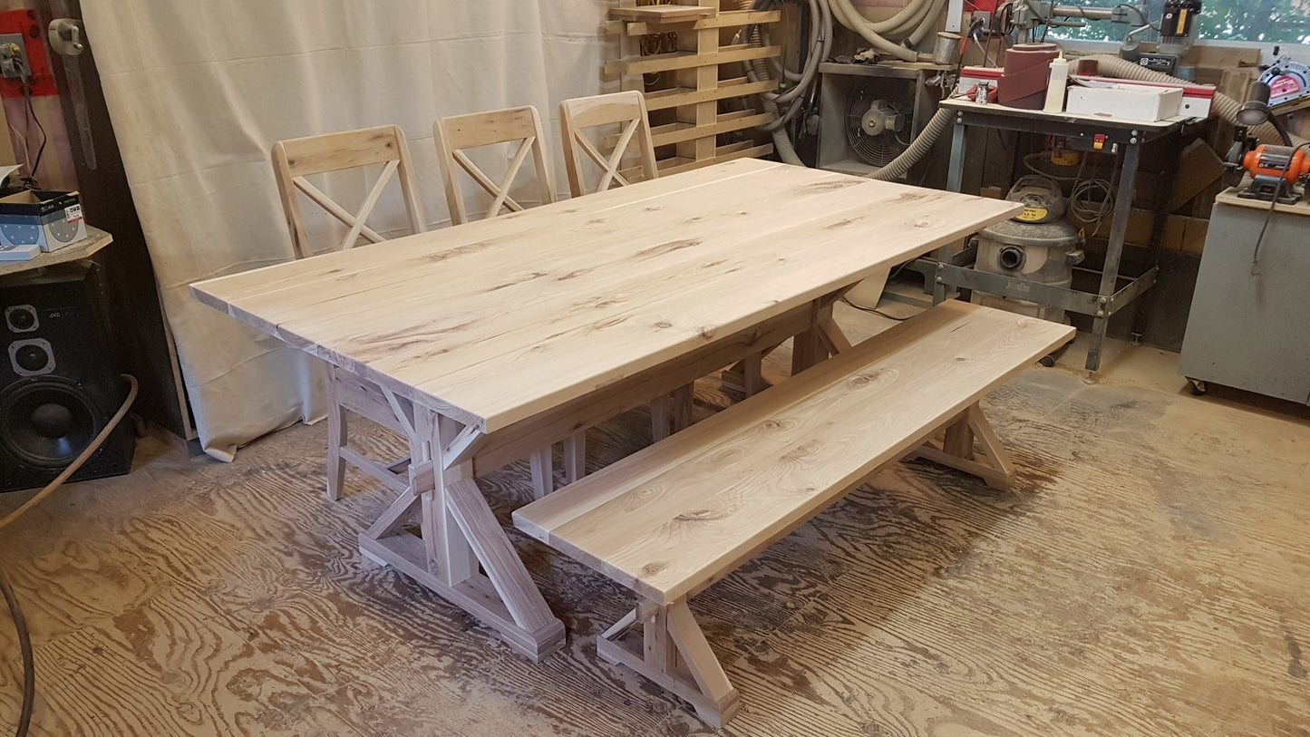 Farmhouse dining table, dining chairs.