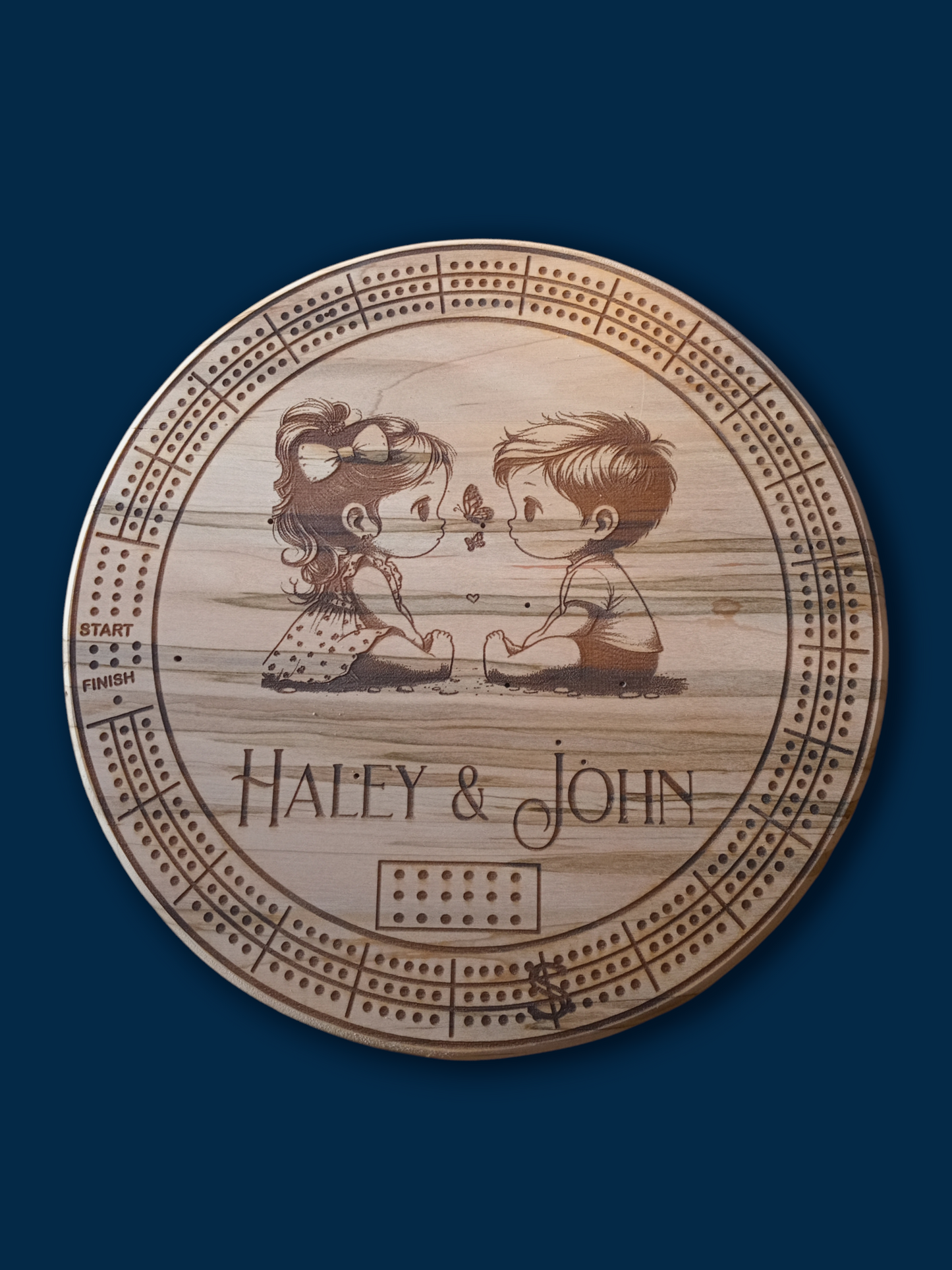 Personalized Round hardwood Cribbage Boards with in board peg storage. A practical gift for any occasion.