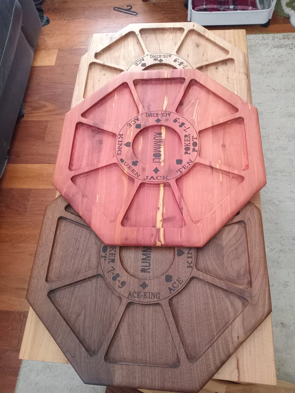 Handcrafted Hard Wood Rummoli game boards.
