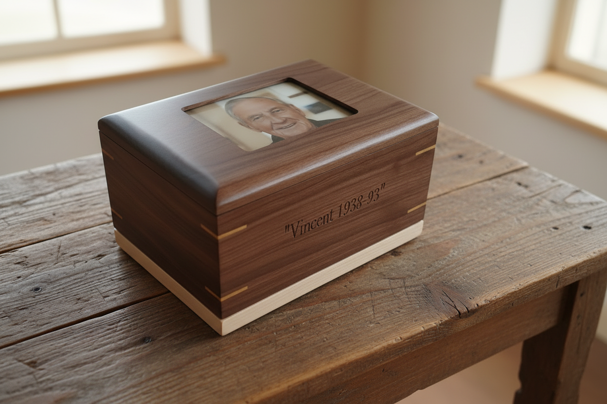 Custom Personalized Hardwood Photo Urn For Ashes -Memorywood Urn