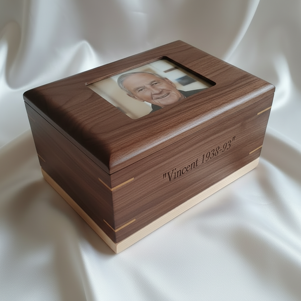 Custom Personalized Hardwood Photo Urn For Ashes -Memorywood Urn
