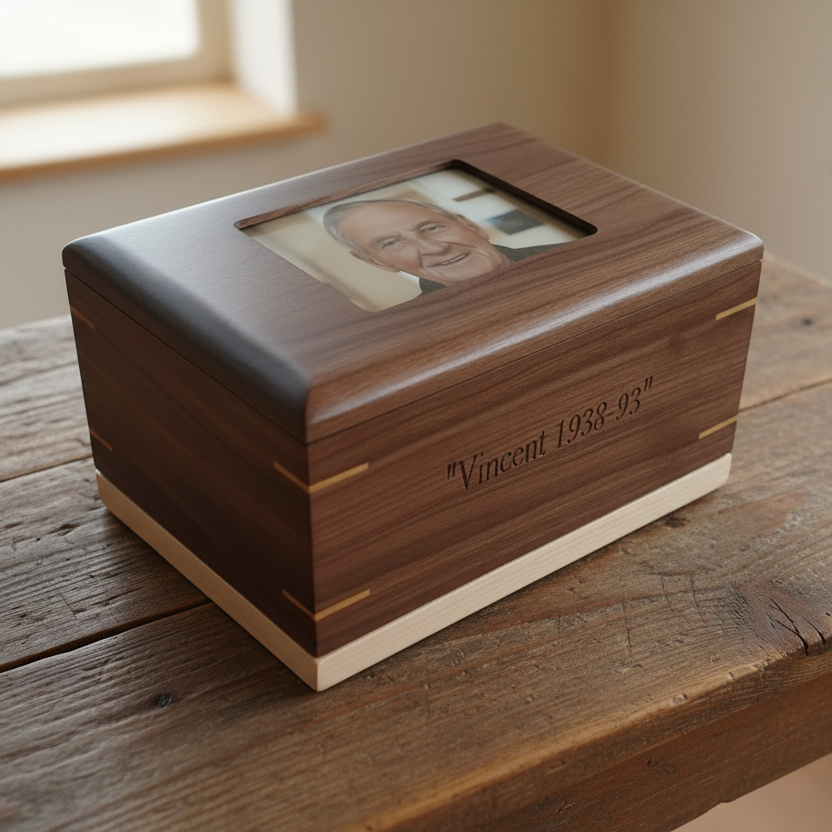 Custom Personalized Hardwood Photo Urn For Ashes -Memorywood Urn