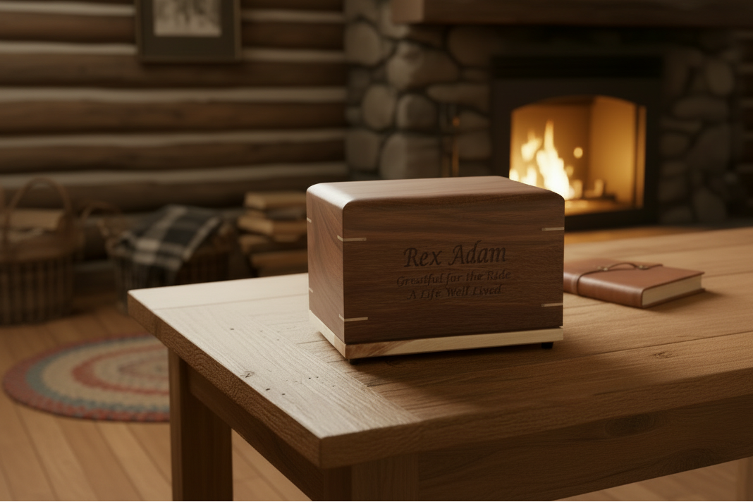 Personalized walnut Wood urn on a rustic table,. An old cabin setting, woodburning fireplace slightly blurred in the background