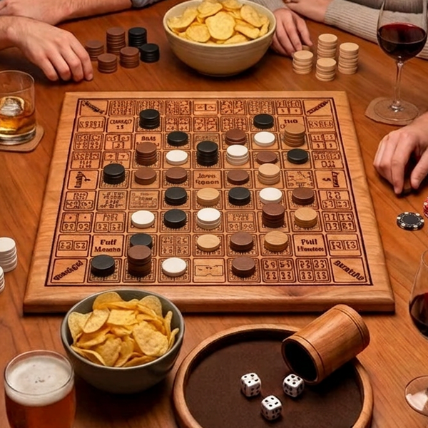 Solid Wood Dice Poker - With Checker Board