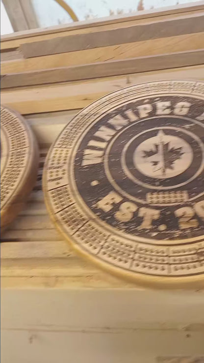 Sports Unique Round Hardwood Cribbage Boards with in board peg storage.