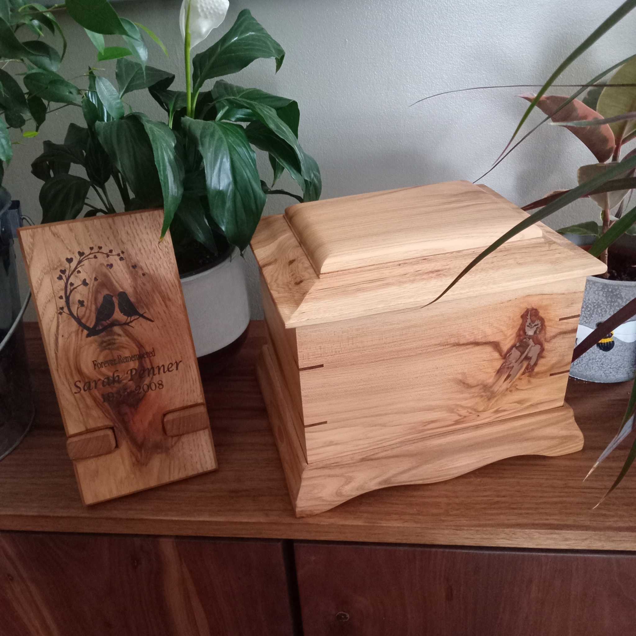 Personalized solid hardwood memorial plaque engraved with name and dates for home tribute