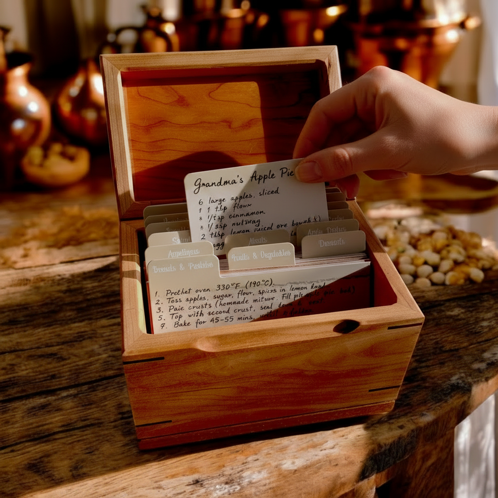 Treasured Traditions Recipe Box - Handcrafted Wooden Recipe Box – Personalized Family Recipe Keeper with Dividers