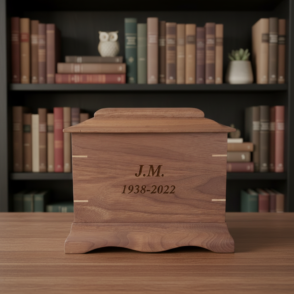 Traditional handmade memorial urn crafted from solid hardwood with elegant design and secure closure