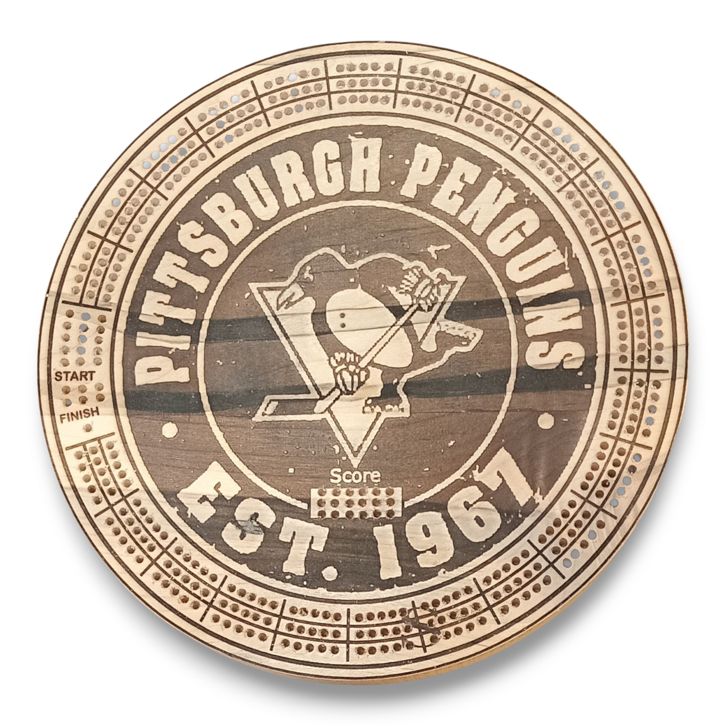 Sports Unique Round Hardwood Cribbage Boards with in board peg storage.