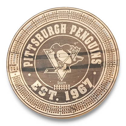 Sports Unique Round Hardwood Cribbage Boards with in board peg storage.