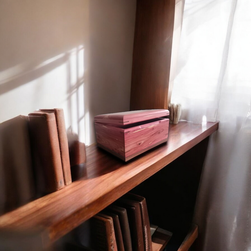 Handcrafted hardwood memory keepsake box with brass hinges and felt lining for storing precious memories
