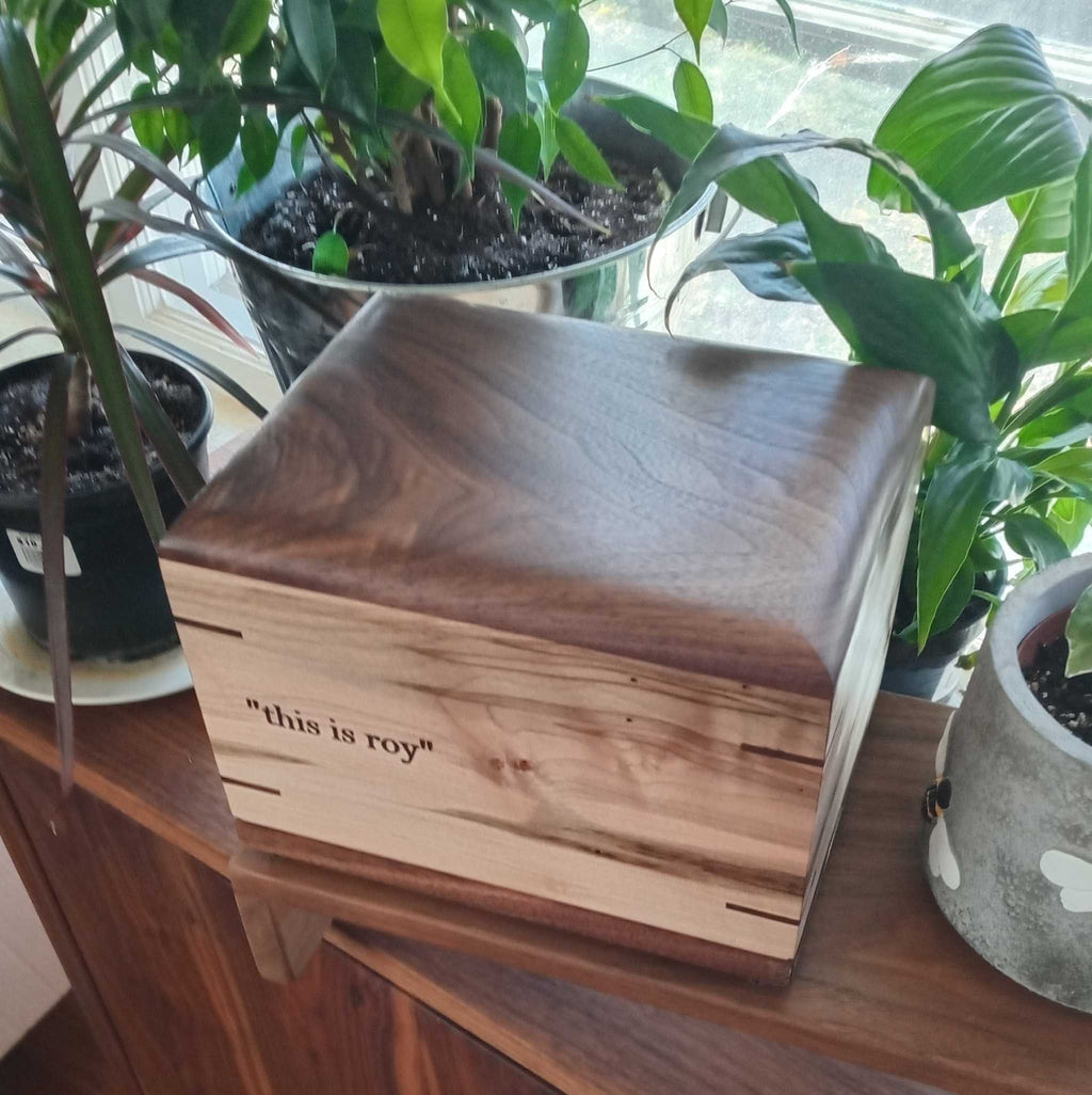 Personalized custom hardwood Camelia urn for ashes with handcrafted solid wood design and secure closure