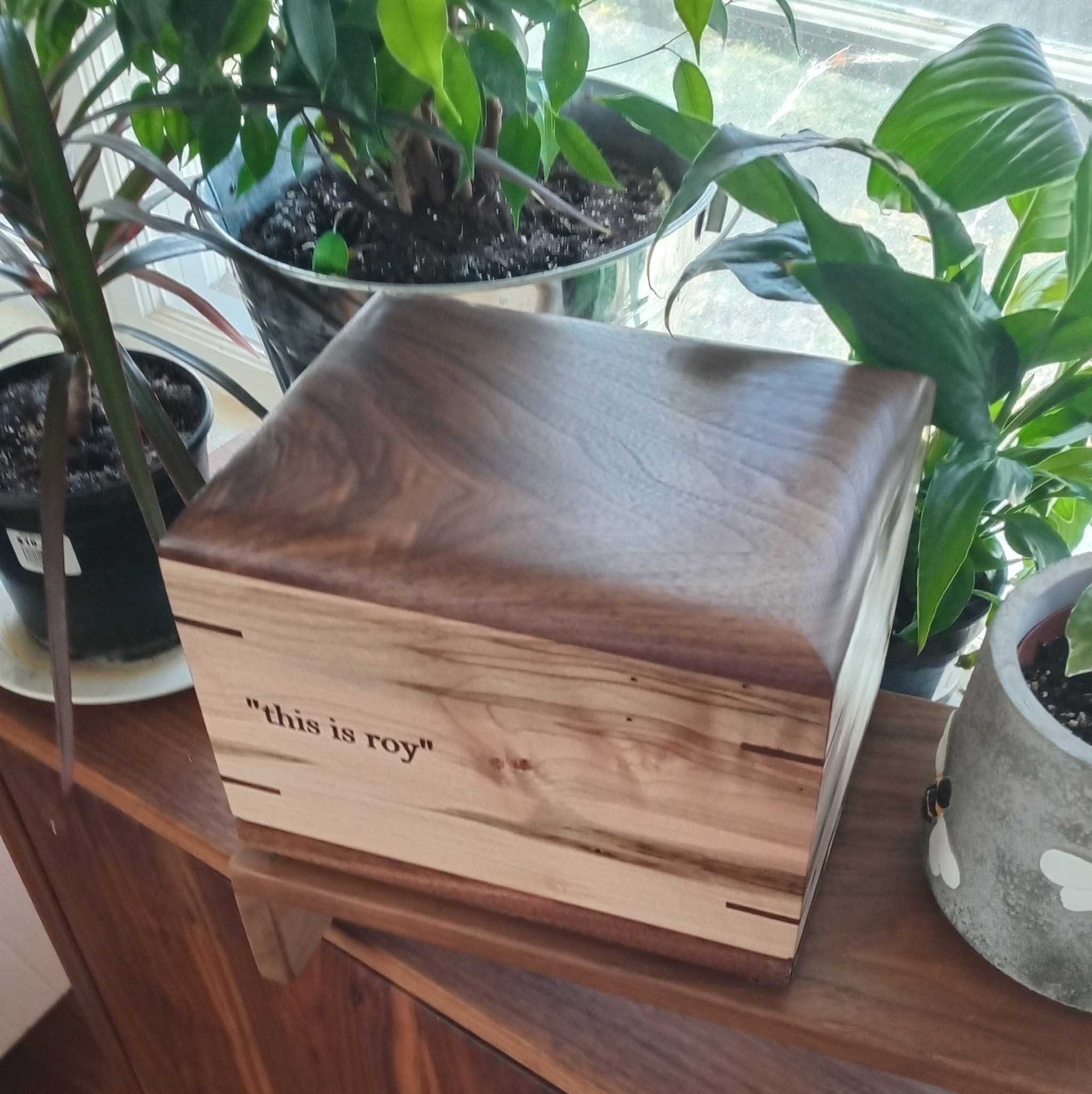 Personalized custom hardwood Camelia urn for ashes with handcrafted solid wood design and secure closure