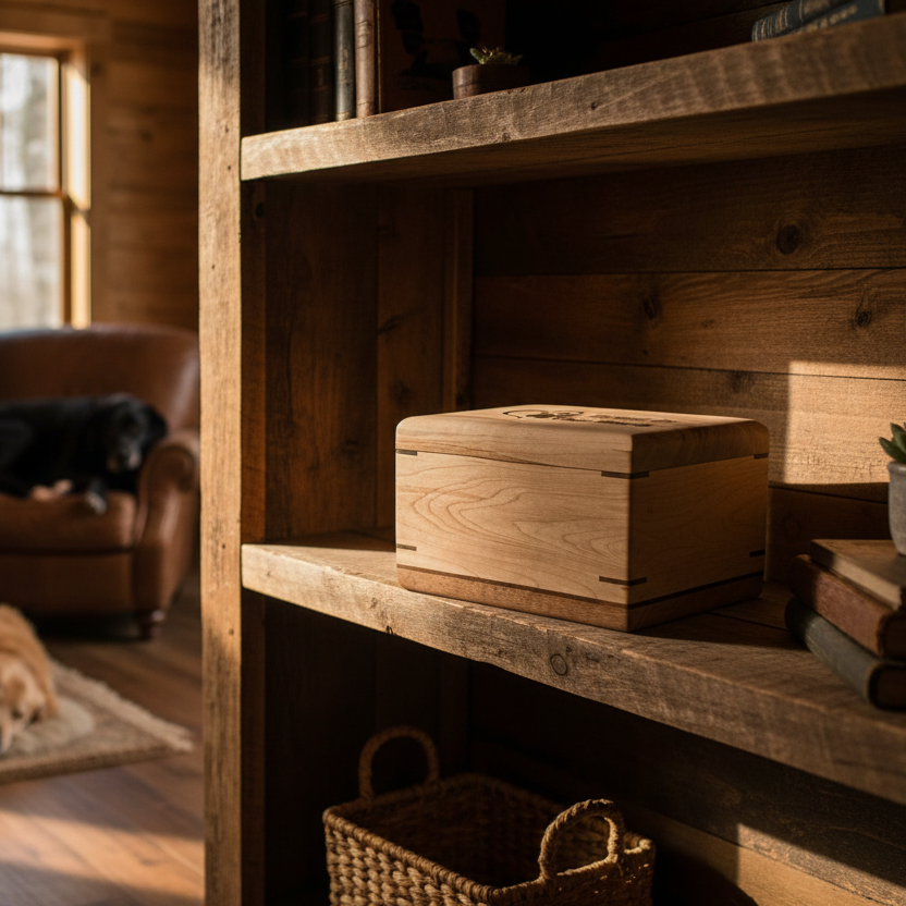 Handcrafted wooden urn with paw prints for animal ashes, made in Canada