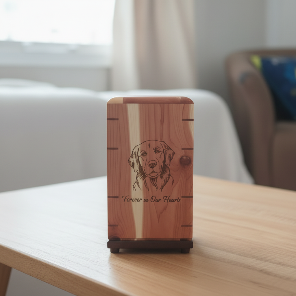 Personalized hardwood pet urn with pawprint engraving and clean modern design