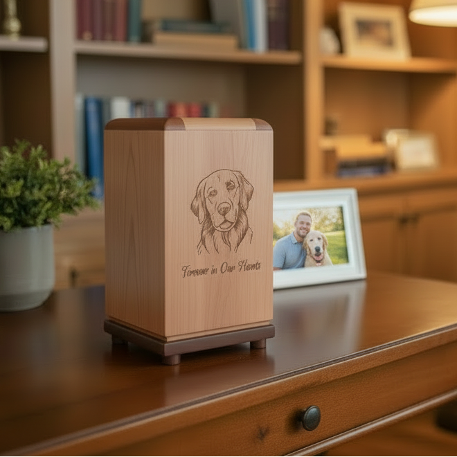 Personalized hardwood pet urn with clean modern design and pawprint engraving option