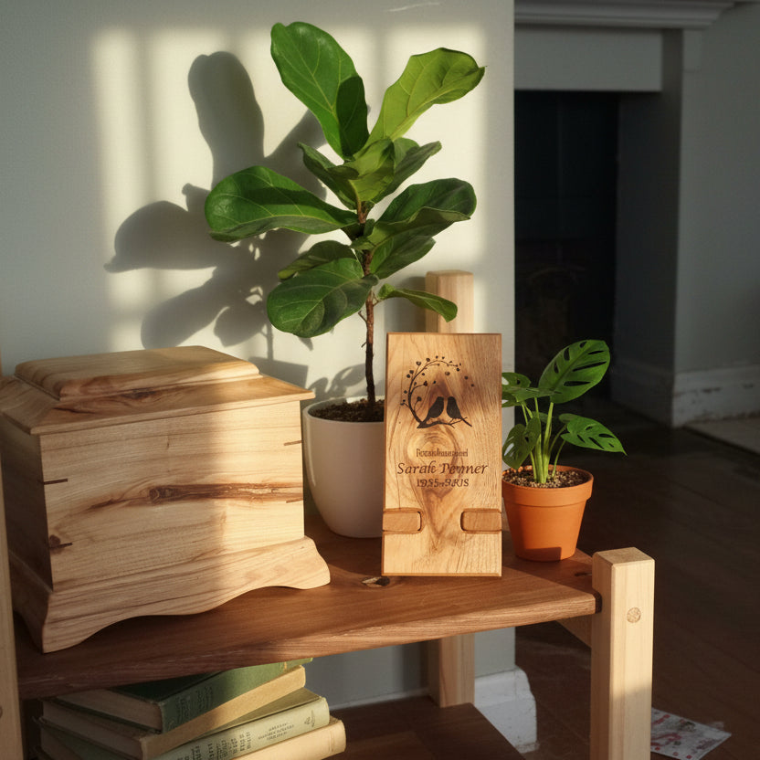 Personalized memorial plaque engraved on solid hardwood for home tribute