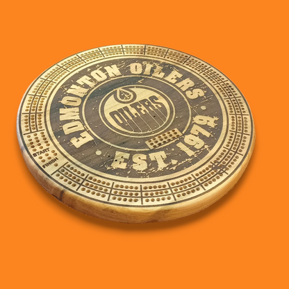 Sports Unique Round Hardwood Cribbage Boards with in board peg storage.