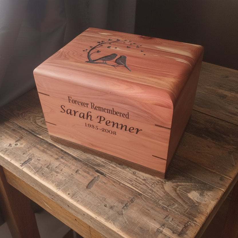 Personalized wooden urn handcrafted from solid hardwood with secure closure and natural design