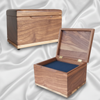 Handcrafted custom wooden treasure chest urn made in Canada with secure closure and personalized engraving options