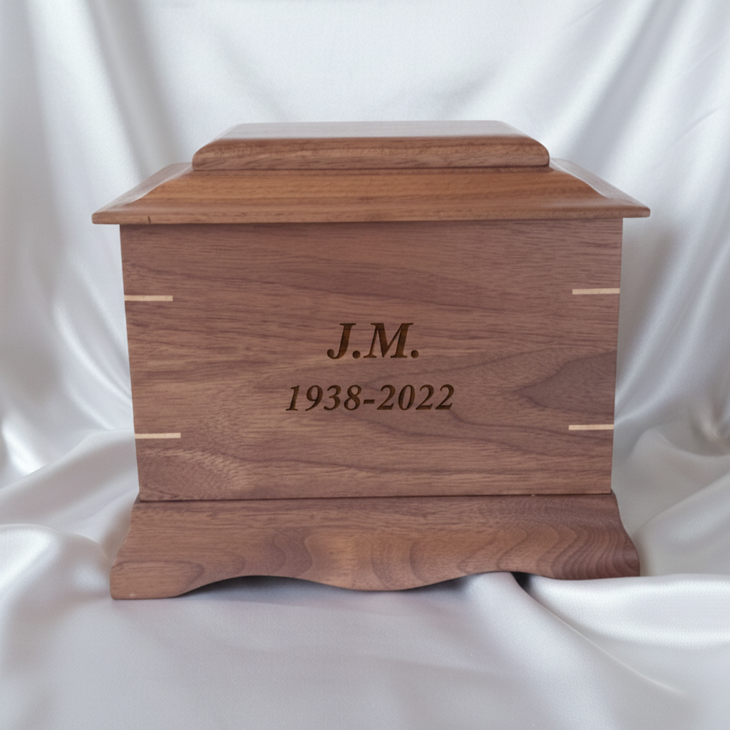 Traditional handmade memorial urn crafted from solid hardwood for cremation ashes