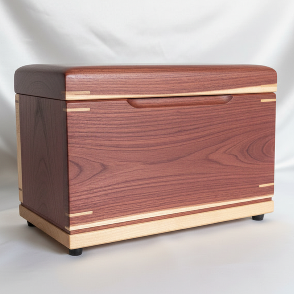 Handcrafted custom wooden urn in treasure chest design made in Canada, solid hardwood keepsake urn with secure closure and personalization options