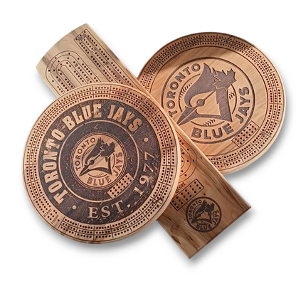 Sports Unique Round Hardwood Cribbage Boards with in board peg storage.