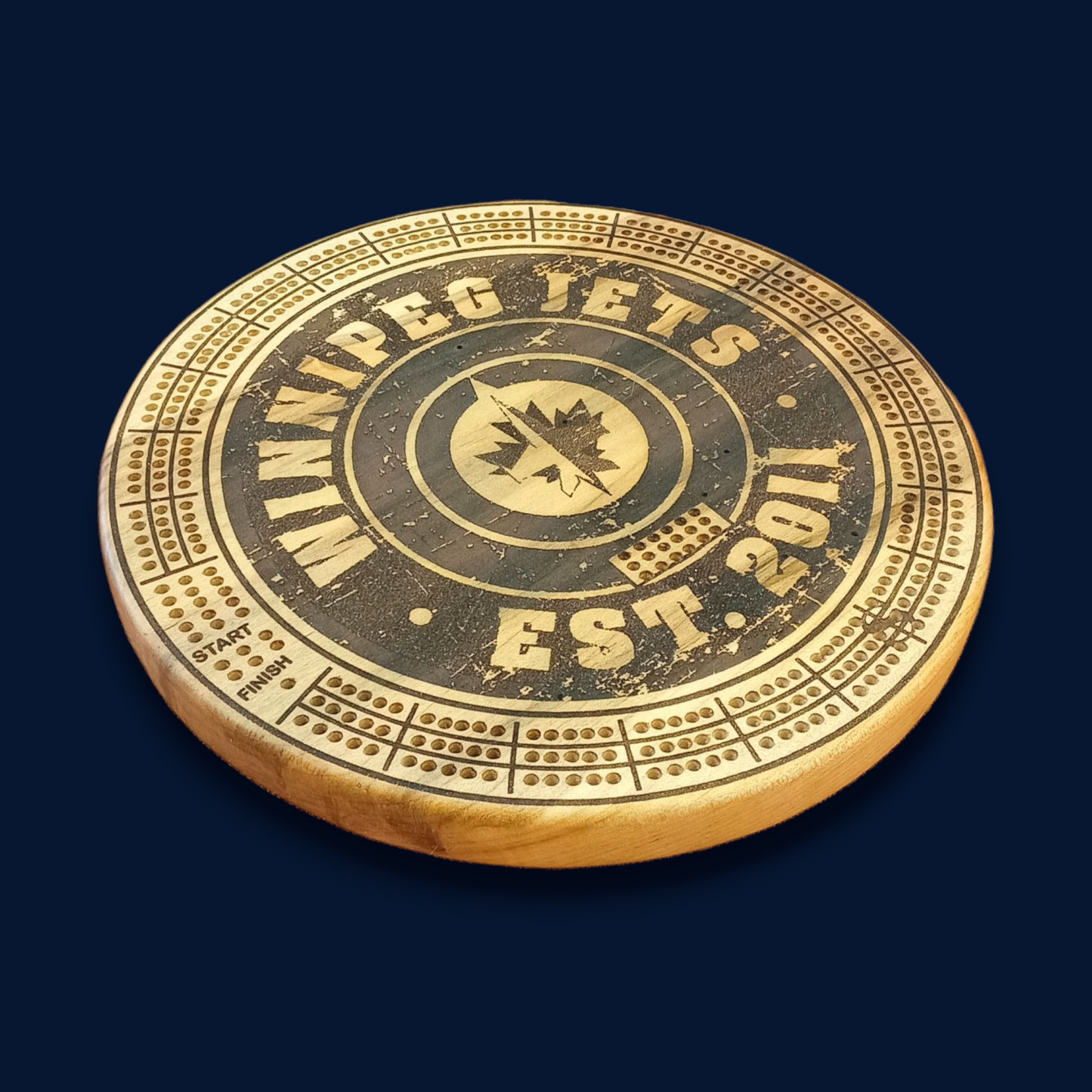 Sports Unique Round Hardwood Cribbage Boards with in board peg storage.