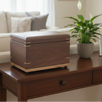 Handcrafted custom wooden urn shaped like a treasure chest, made in Canada for keepsake ashes storage