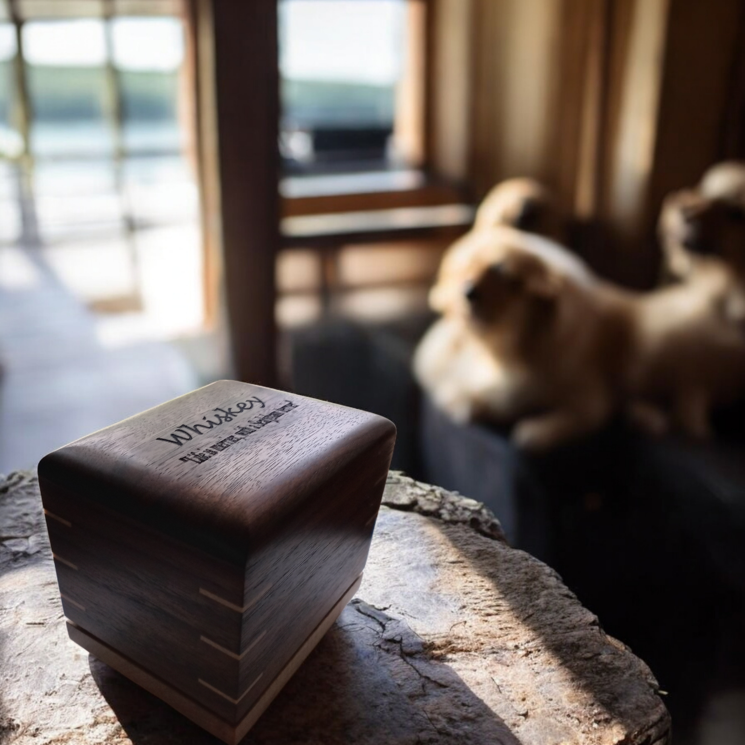 Handcrafted wooden urn for animal ashes with paw prints, made in Canada from domestic hardwood