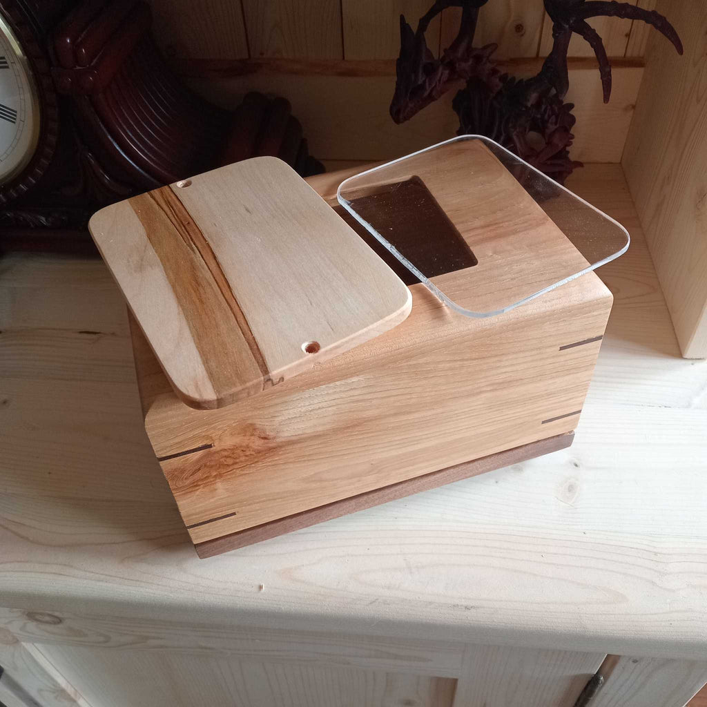 Custom personalized hardwood pet urn with paw prints and photo slot for ashes memorial