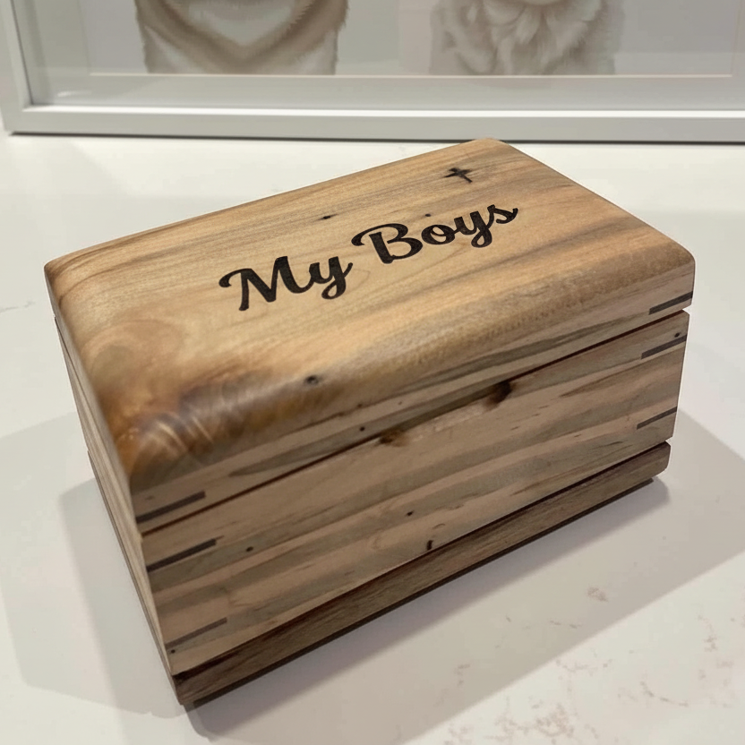 Handcrafted cremation urn for pets made of natural wood with engraved paw design