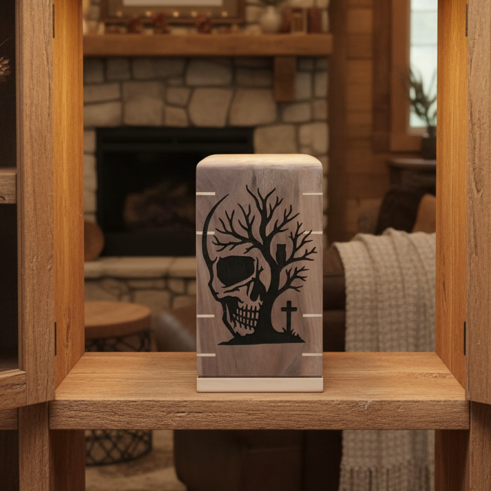 wooden urn with engraving. A skull, tree with owl on a branch, small cross beside tree. Stone fireplace in background