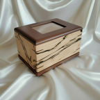 Custom personalized hardwood pet urn with paw prints and photo slot handcrafted in Canada