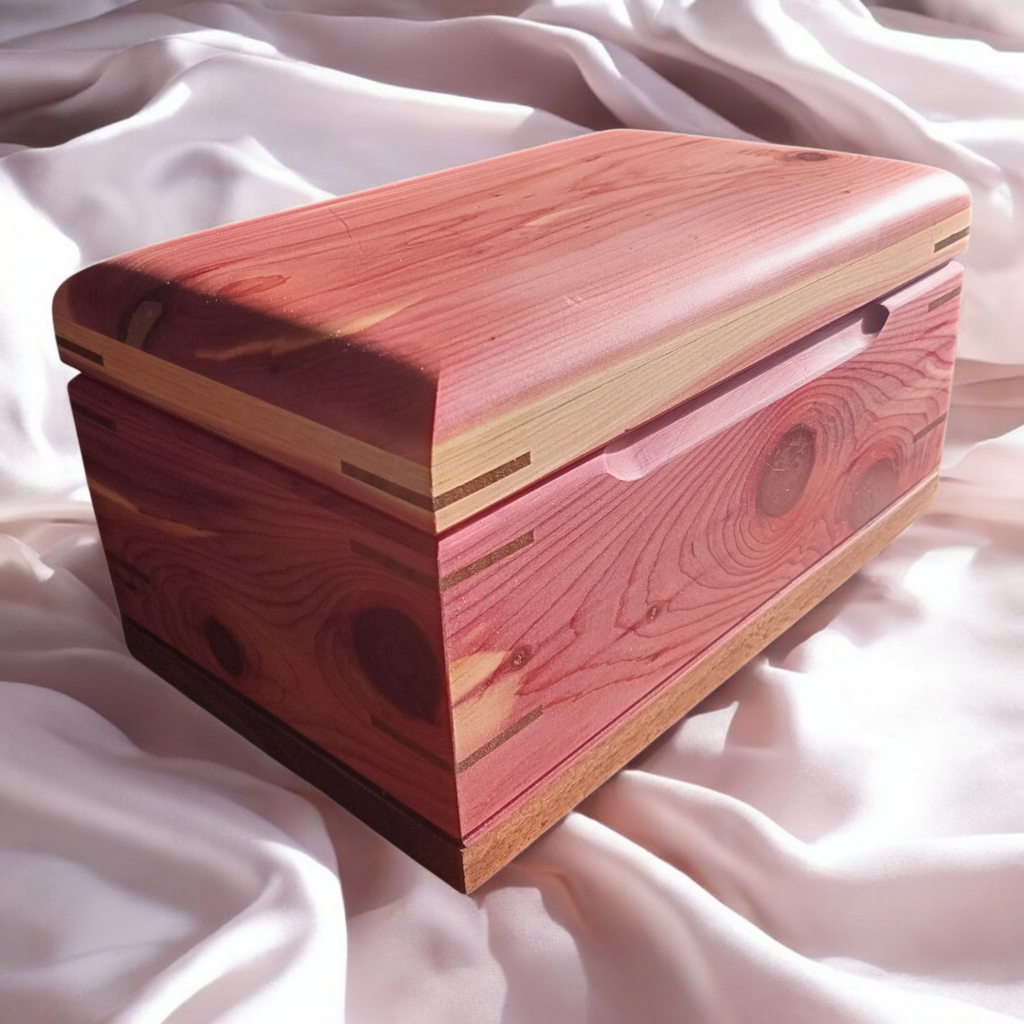 Handcrafted hardwood memory keepsake box with brass hinges and felt lining for preserving treasured mementos