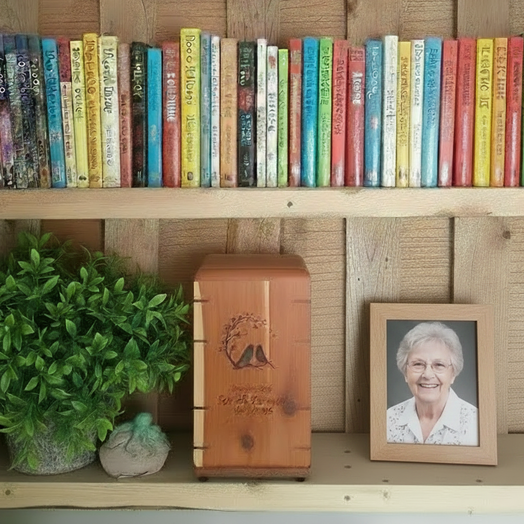 Handcrafted memorial urn made from solid hardwood with simple, natural design for ashes storage