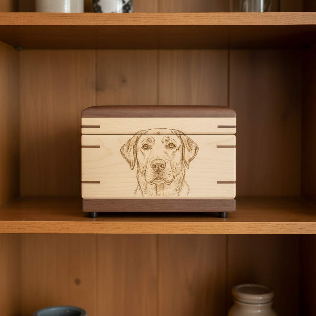 Custom handcrafted wood box urn with paw print design for pet ashes memorial