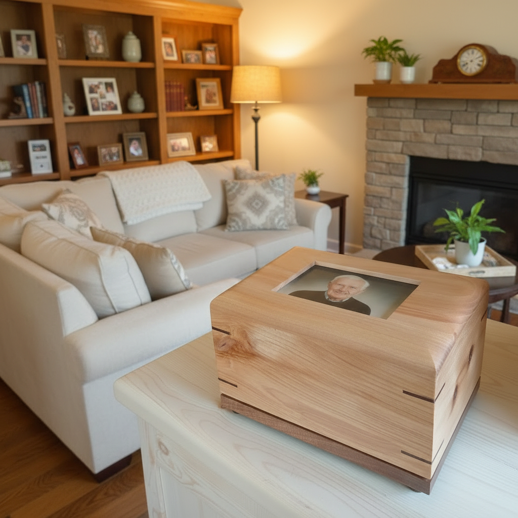 Custom personalized hardwood urn with  photo slot for ashes memorial